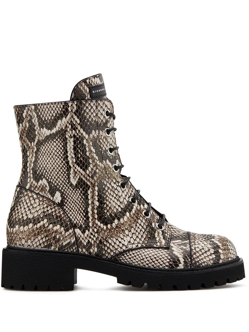 Giuseppe Zanotti Snake-Print Lace-Up Combat Boot in Brown and Cream